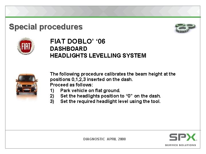 Special procedures FIAT DOBLO’ ‘ 06 DASHBOARD HEADLIGHTS LEVELLING SYSTEM The following procedure calibrates