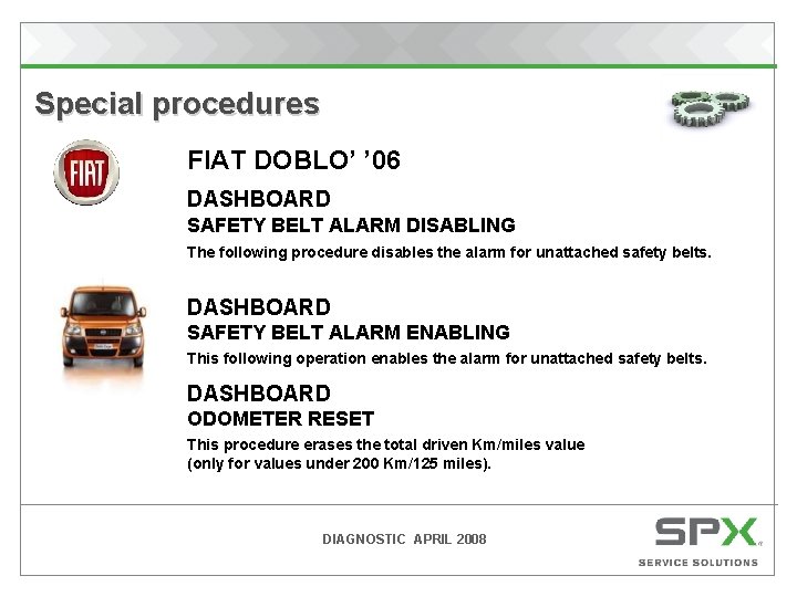  Special procedures FIAT DOBLO’ ’ 06 DASHBOARD SAFETY BELT ALARM DISABLING The following