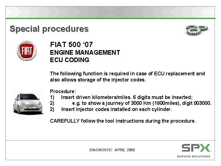  Special procedures FIAT 500 ‘ 07 ENGINE MANAGEMENT ECU CODING The following function