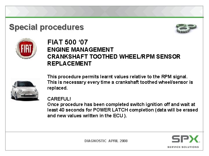  Special procedures FIAT 500 ‘ 07 ENGINE MANAGEMENT CRANKSHAFT TOOTHED WHEEL/RPM SENSOR REPLACEMENT