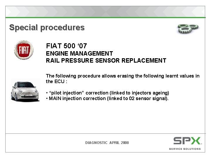  Special procedures FIAT 500 ‘ 07 ENGINE MANAGEMENT RAIL PRESSURE SENSOR REPLACEMENT The