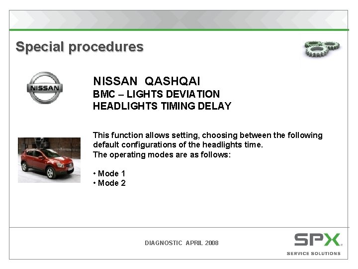 Special procedures NISSAN QASHQAI BMC – LIGHTS DEVIATION HEADLIGHTS TIMING DELAY This function allows