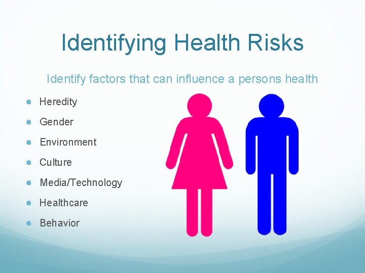 Identifying Health Risks Identify factors that can influence a persons health ● Heredity ● Identifying Health Risks Identify factors that can influence a persons health ● Heredity ●