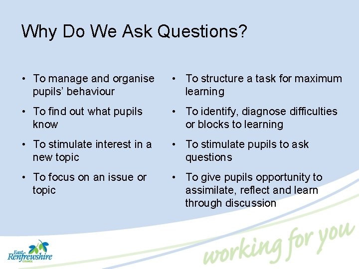Why Do We Ask Questions? • To manage and organise pupils’ behaviour • To