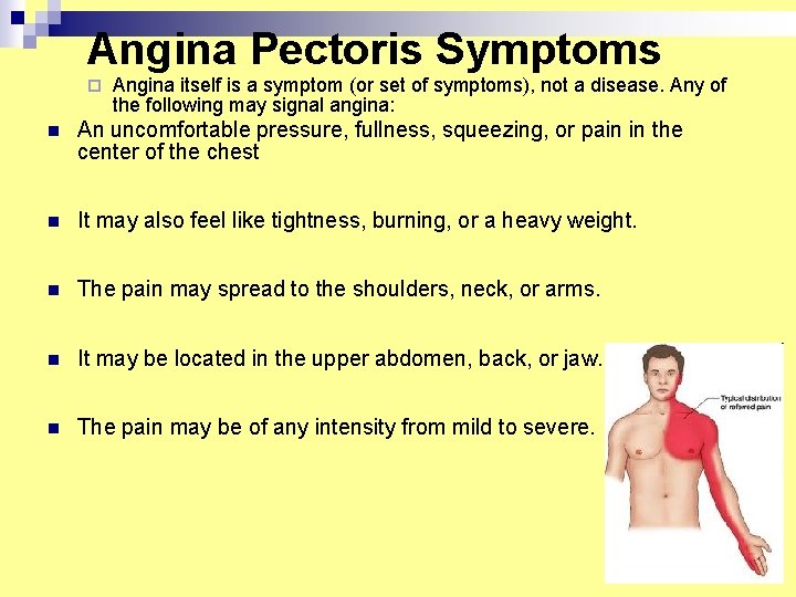 Angina Pectoris Symptoms ¨ Angina itself is a symptom (or set of symptoms), not Angina Pectoris Symptoms ¨ Angina itself is a symptom (or set of symptoms), not