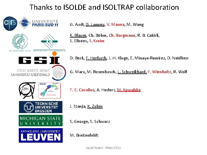 Thanks to ISOLDE and ISOLTRAP collaboration G. Audi, D. Lunney, V. Manea, M. Wang