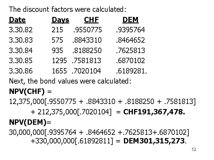 The discount factors were calculated: Date Days CHF DEM 3. 30. 82 215. 9550775.