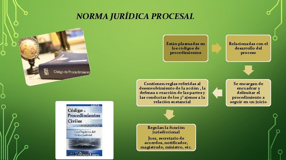 NORMA JURÍDICA PROCESAL Están plasmadas en los códigos de procedimientos Relacionadas con el desarrollo