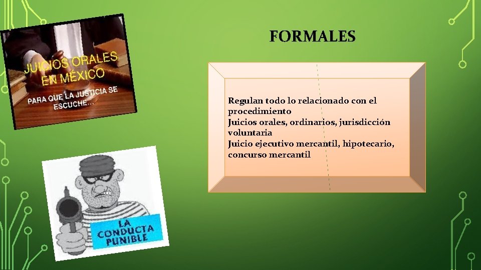 FORMALES Regulan todo lo relacionado con el procedimiento Juicios orales, ordinarios, jurisdicción voluntaria Juicio