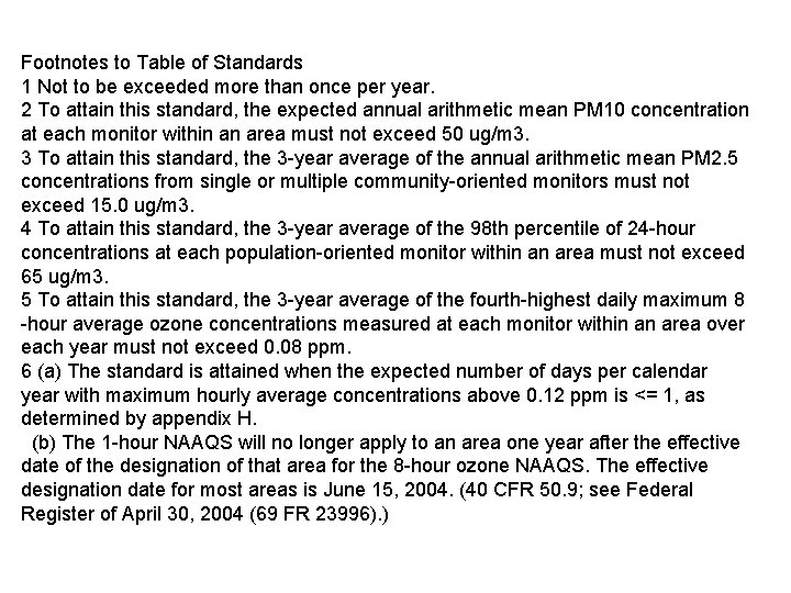 Footnotes to Table of Standards 1 Not to be exceeded more than once per