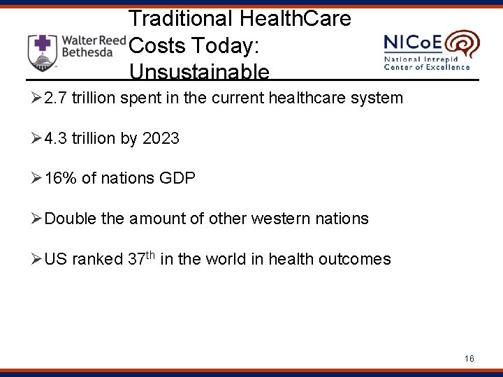 Traditional Health. Care Costs Today: Unsustainable Ø 2. 7 trillion spent in the current