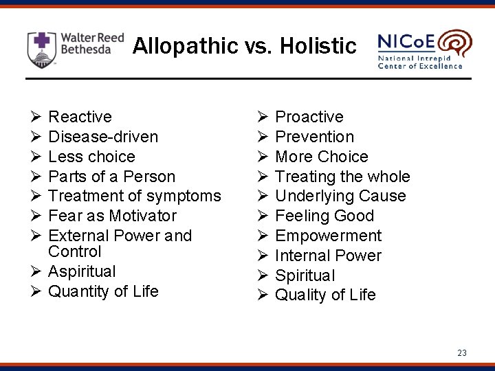 Allopathic vs. Holistic Ø Ø Ø Ø Reactive Disease-driven Less choice Parts of a