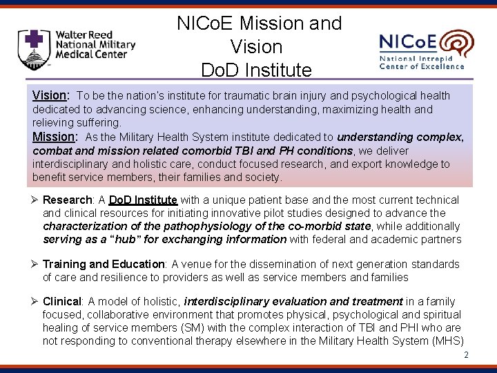  NICo. E Mission and Vision Do. D Institute Vision: To be the nation’s