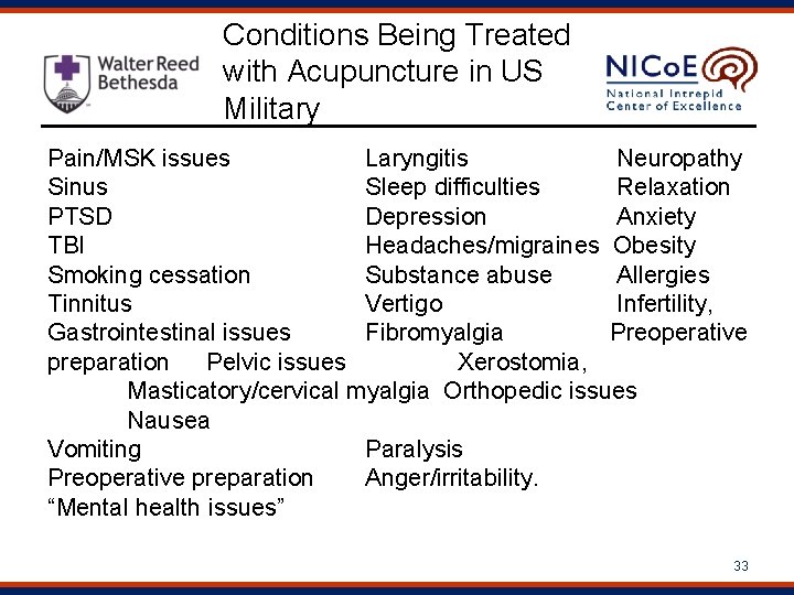 Conditions Being Treated with Acupuncture in US Military Pain/MSK issues Laryngitis Neuropathy Sinus Sleep