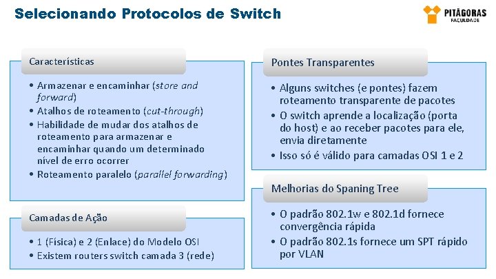Selecionando Protocolos de Switch Características Pontes Transparentes • Armazenar e encaminhar (store and forward) Selecionando Protocolos de Switch Características Pontes Transparentes • Armazenar e encaminhar (store and forward)