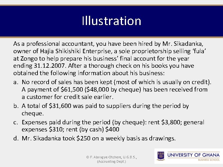 Illustration As a professional accountant, you have been hired by Mr. Sikadanka, owner of