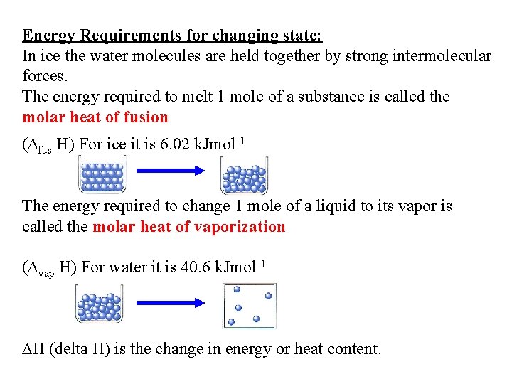 Energy Requirements for changing state: In ice the water molecules are held together by