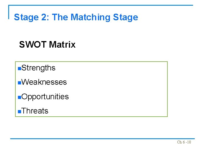 Stage 2: The Matching Stage SWOT Matrix n. Strengths n. Weaknesses n. Opportunities n.