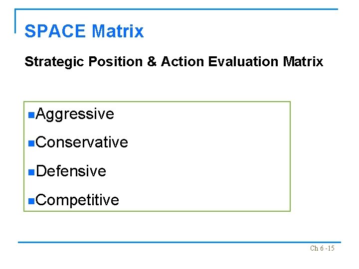 SPACE Matrix Strategic Position & Action Evaluation Matrix n. Aggressive n. Conservative n. Defensive