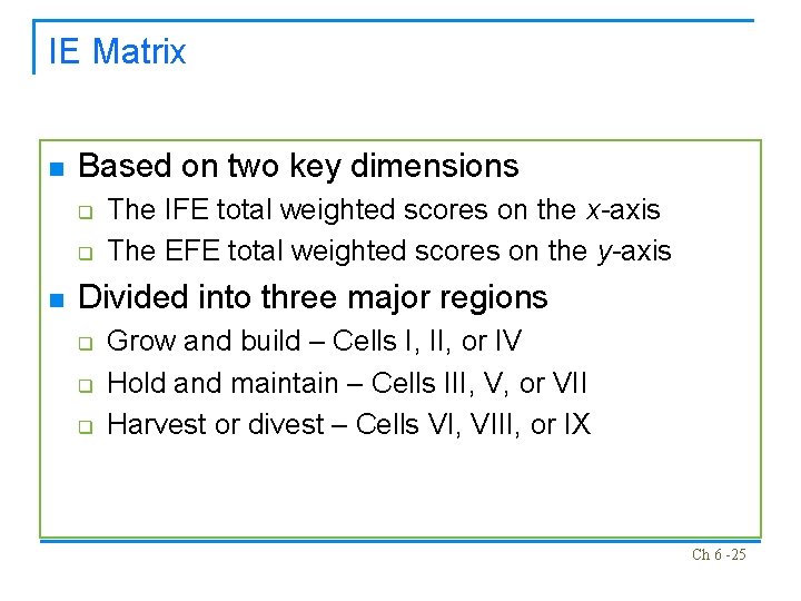 IE Matrix n Based on two key dimensions q q n The IFE total
