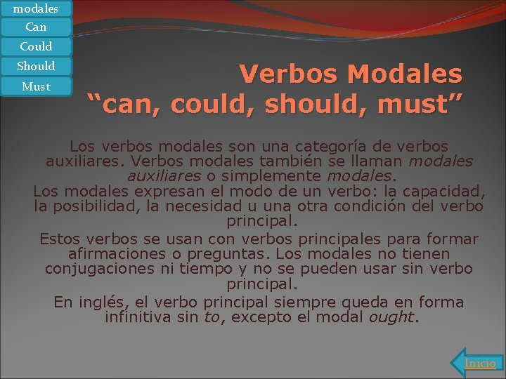 modales Can Could Should Must Verbos Modales “can, could, should, must” Los verbos modales