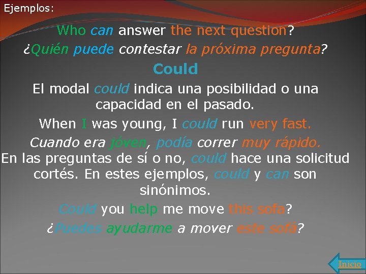 Ejemplos: Who can answer the next question? ¿Quién puede contestar la próxima pregunta? Could