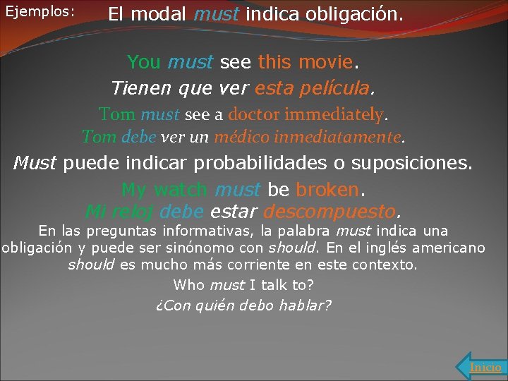 Ejemplos: El modal must indica obligación. You must see this movie. Tienen que ver