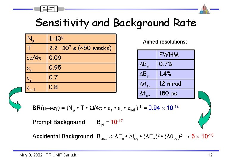 Sensitivity and Background Rate Nm 1 108 T 2. 2 107 s (~50 weeks)