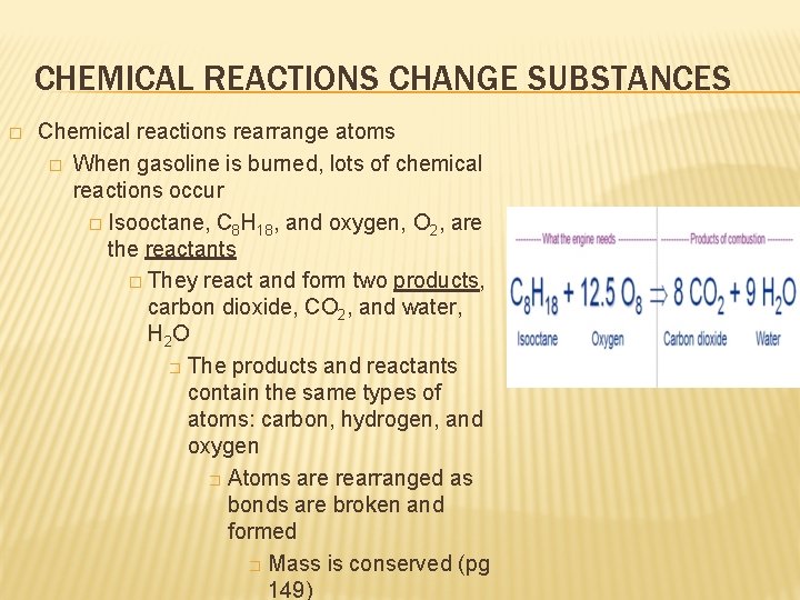 CHEMICAL REACTIONS CHANGE SUBSTANCES � Chemical reactions rearrange atoms � When gasoline is burned,