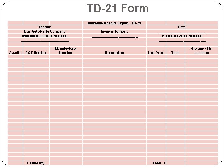 TD-21 Form Inventory Receipt Report - TD-21 Vendor: Bus Auto Parts Company Material Document TD-21 Form Inventory Receipt Report - TD-21 Vendor: Bus Auto Parts Company Material Document