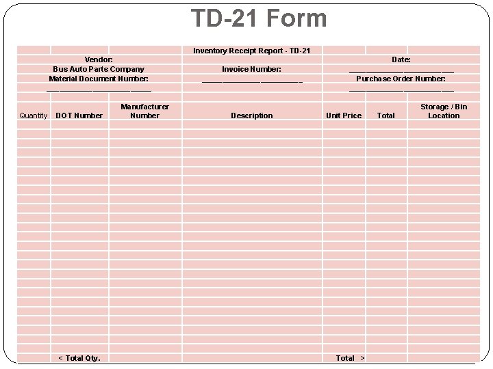 TD-21 Form Inventory Receipt Report - TD-21 Vendor: Bus Auto Parts Company Material Document