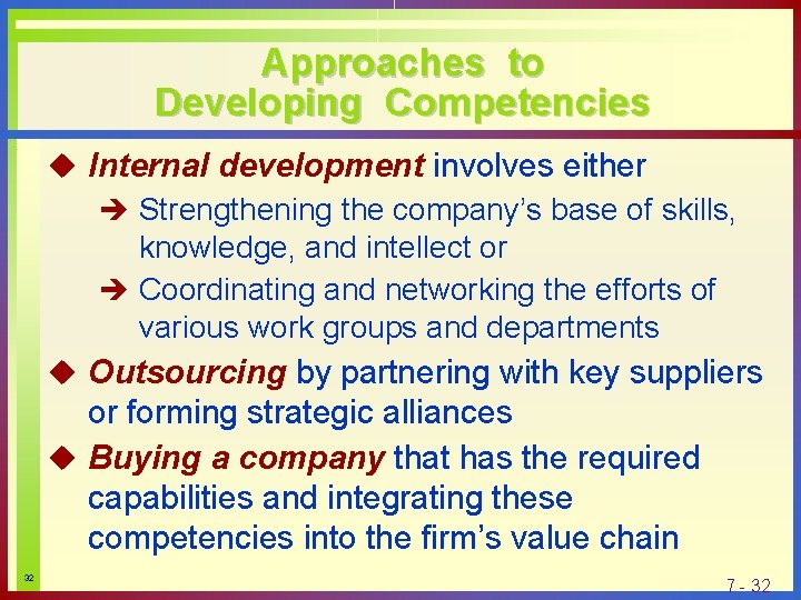 Approaches to Developing Competencies u Internal development involves either è Strengthening the company’s base