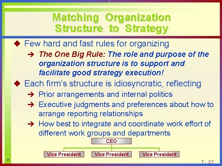 Matching Organization Structure to Strategy u Few hard and fast rules for organizing è