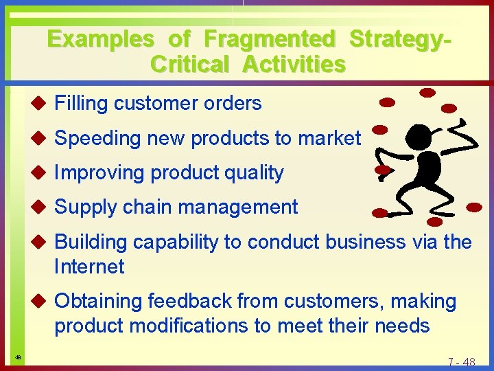 Examples of Fragmented Strategy. Critical Activities u Filling customer orders u Speeding new products