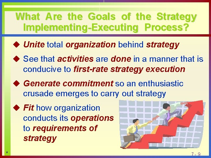 What Are the Goals of the Strategy Implementing-Executing Process? u Unite total organization behind