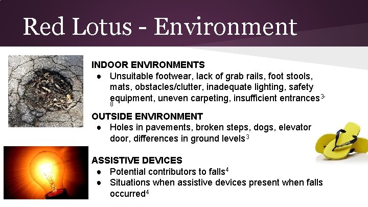 Red Lotus - Environment INDOOR ENVIRONMENTS ● Unsuitable footwear, lack of grab rails, foot