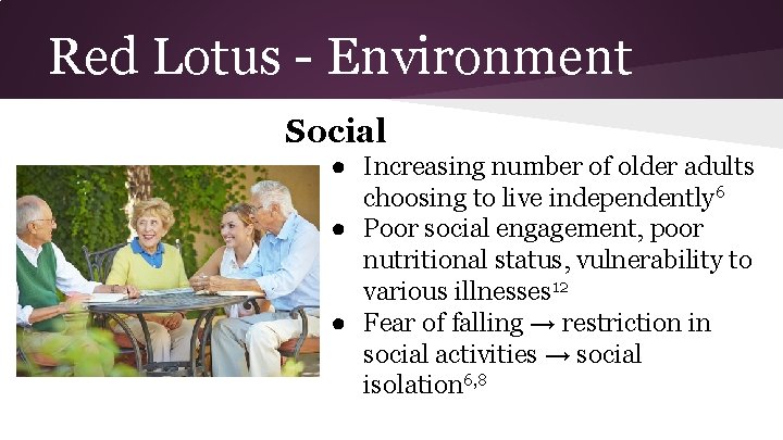 Red Lotus - Environment Social ● Increasing number of older adults choosing to live