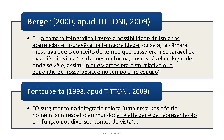 Berger (2000, apud TITTONI, 2009) • “. . . a câmara fotográfica trouxe a