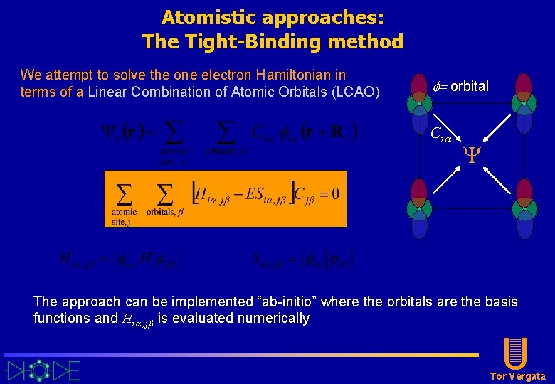 Atomistic approaches: The Tight-Binding method We attempt to solve the one electron Hamiltonian in Atomistic approaches: The Tight-Binding method We attempt to solve the one electron Hamiltonian in