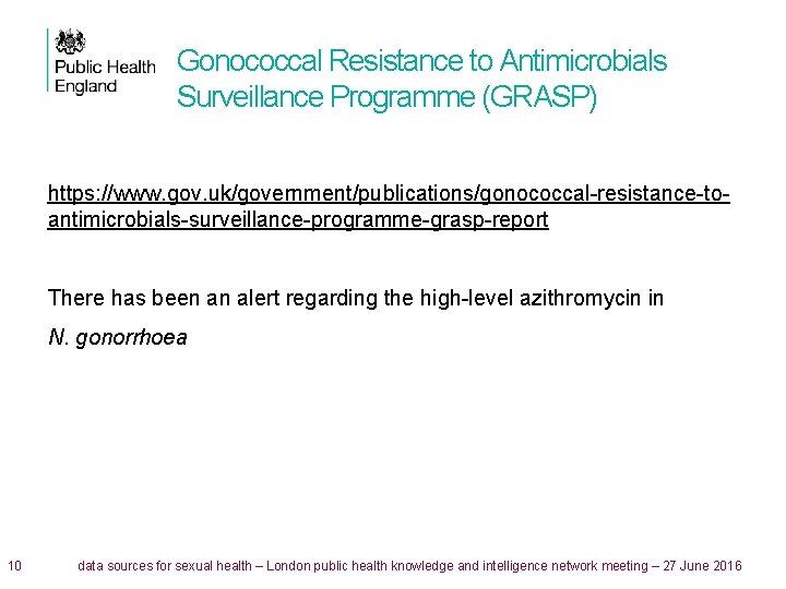Gonococcal Resistance to Antimicrobials Surveillance Programme (GRASP) https: //www. gov. uk/government/publications/gonococcal-resistance-toantimicrobials-surveillance-programme-grasp-report There has been