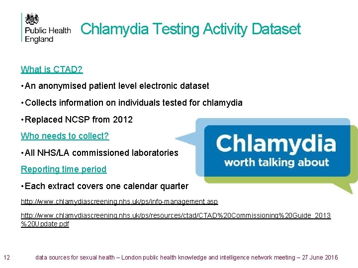 Chlamydia Testing Activity Dataset What is CTAD? • An anonymised patient level electronic dataset