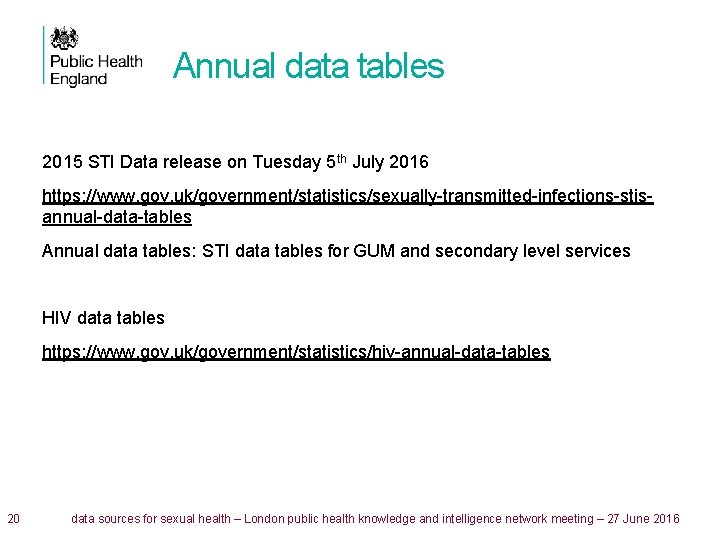 Annual data tables 2015 STI Data release on Tuesday 5 th July 2016 https: