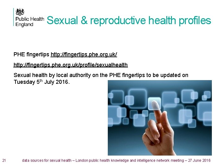 Sexual & reproductive health profiles PHE fingertips http: //fingertips. phe. org. uk/profile/sexualhealth Sexual health