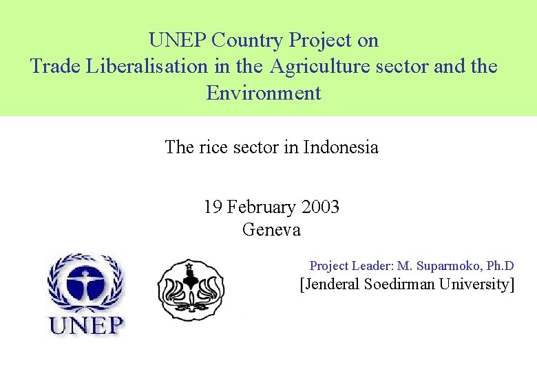 UNEP Country Project on Trade Liberalisation in the Agriculture sector and the Environment The