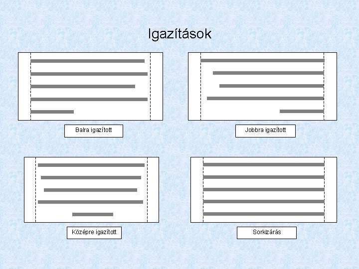 Igazítások Balra igazított Jobbra igazított Középre igazított Sorkizárás 