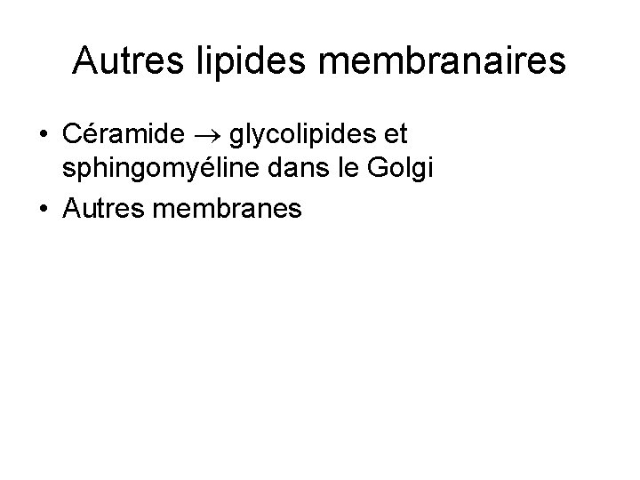 Autres lipides membranaires • Céramide glycolipides et sphingomyéline dans le Golgi • Autres membranes