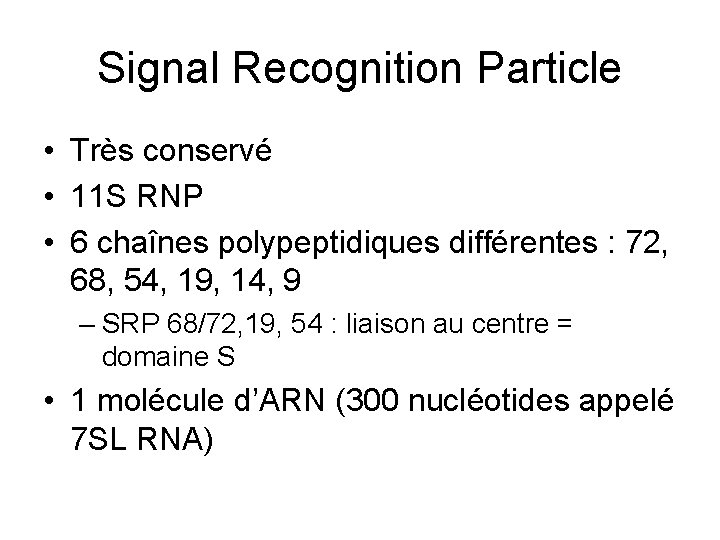 Signal Recognition Particle • Très conservé • 11 S RNP • 6 chaînes polypeptidiques