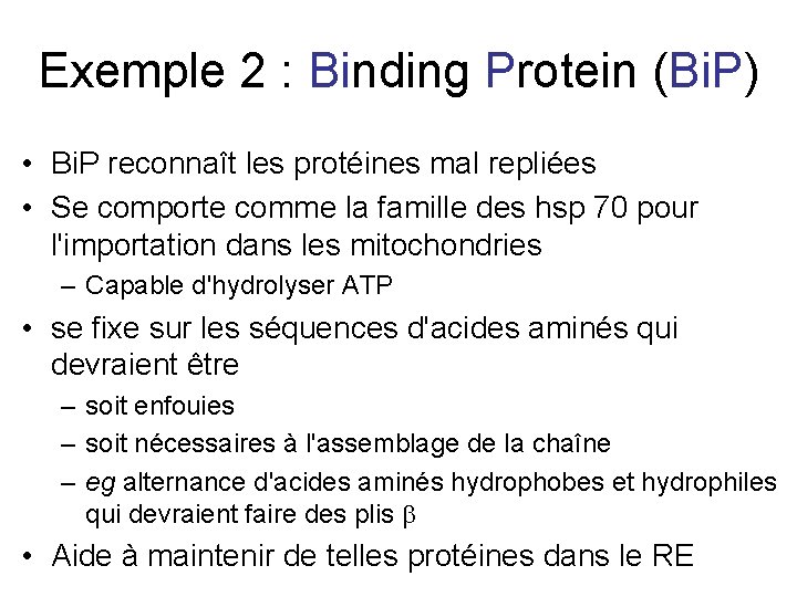 Exemple 2 : Binding Protein (Bi. P) • Bi. P reconnaît les protéines mal