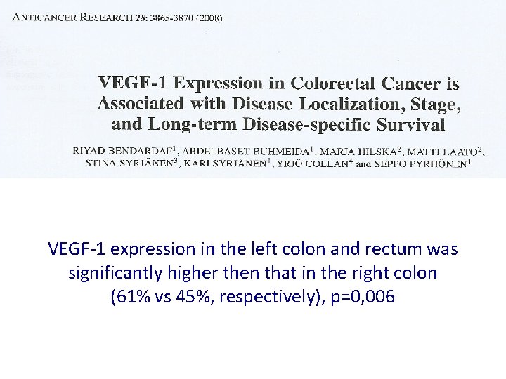 VEGF-1 expression in the left colon and rectum was significantly higher then that in