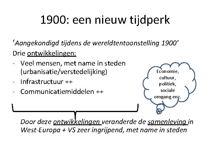 1900: een nieuw tijdperk ‘Aangekondigd tijdens de wereldtentoonstelling 1900’ Drie ontwikkelingen: - Veel mensen,